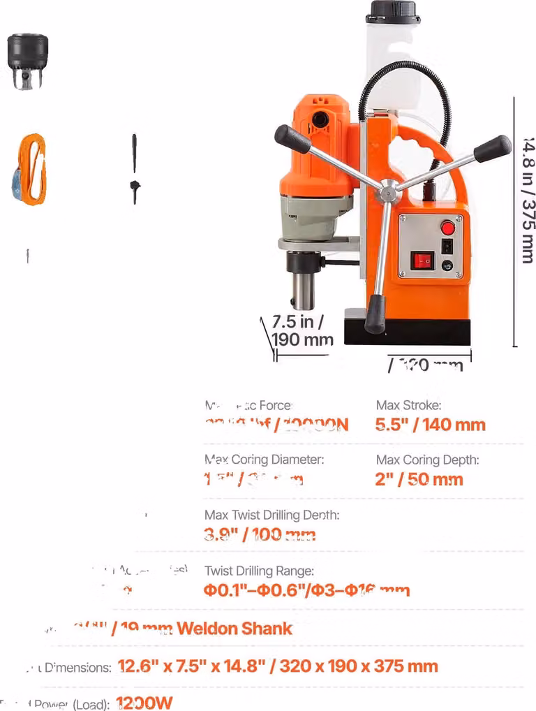 Trapano magnetico, velocità 900 giri/min, forza magnetica 2248 lbf, 1200 W