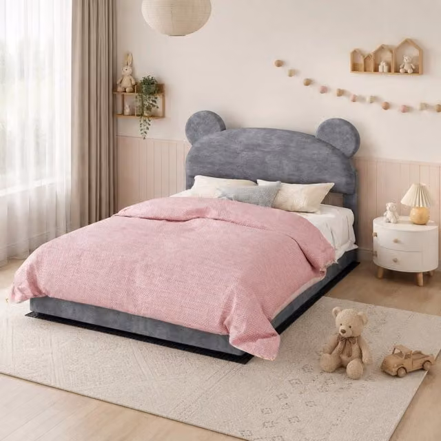 Letto imbottito 140x200 cm con contenitore pneumatico, testiera sagomata, grigio