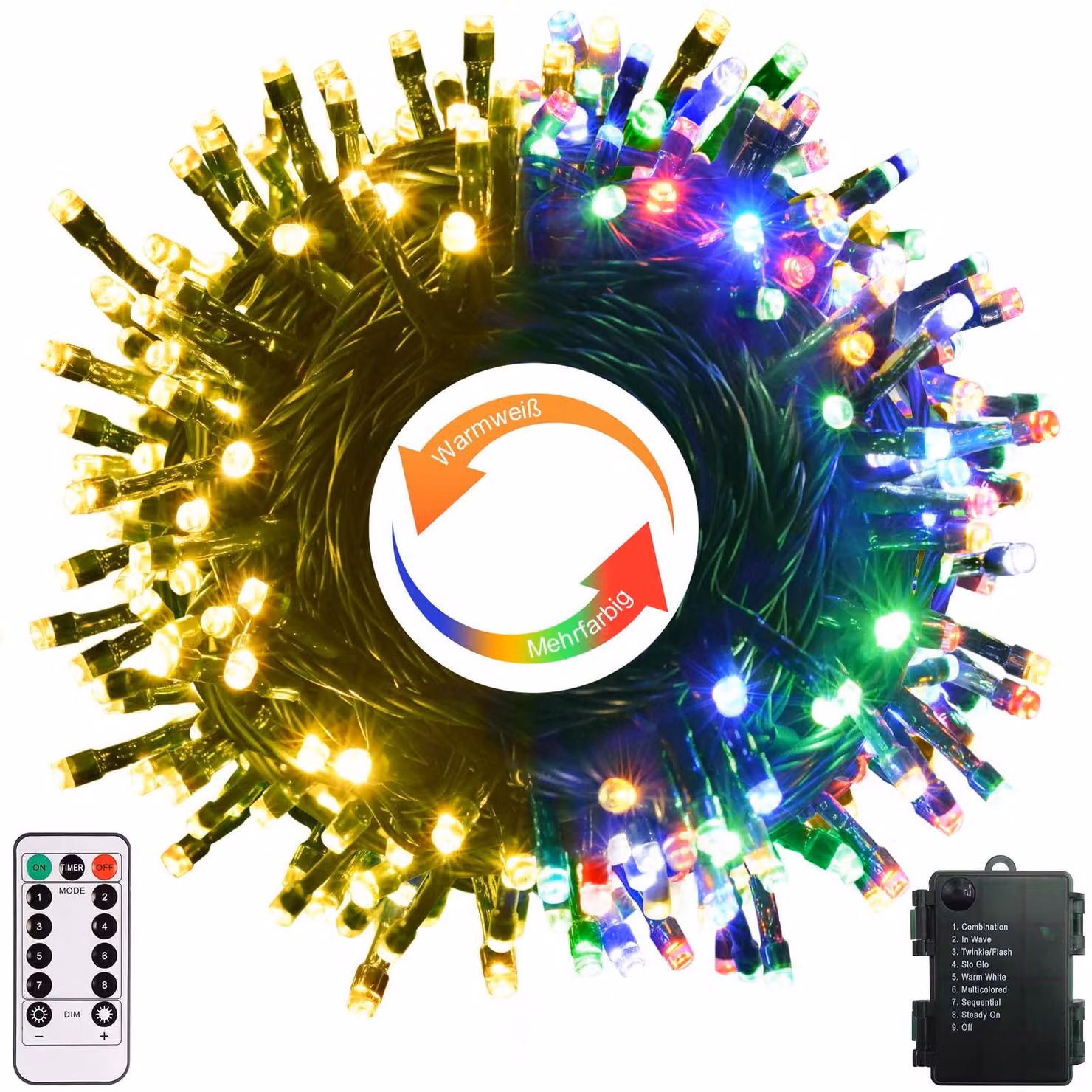 Catena luminosa a LED, 10 metri, 100 LED, luce calda e colorata, alimentazione a batteria, con dimmer