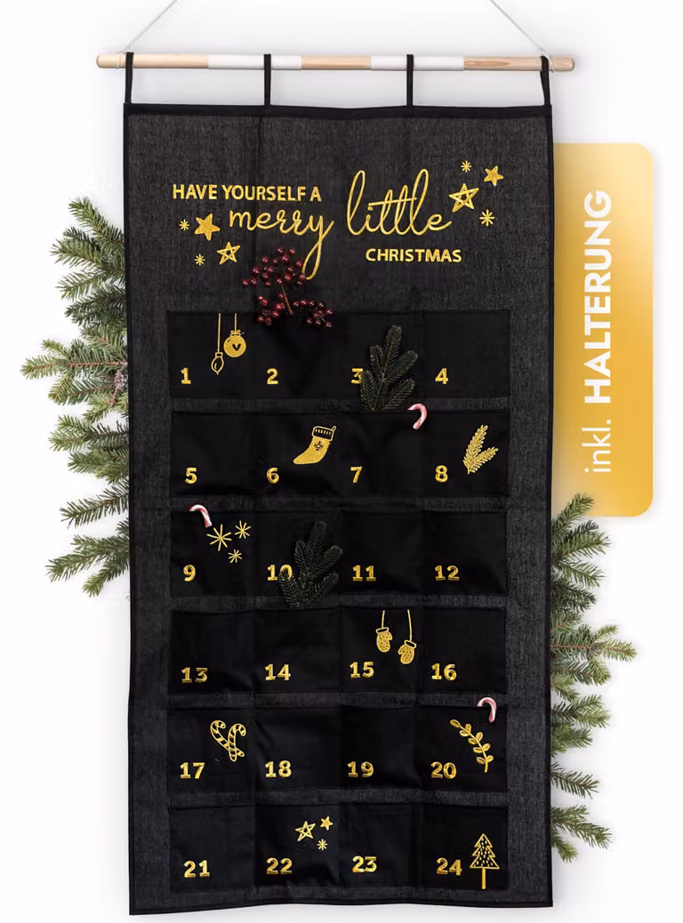 Calendario dell'Avvento da riempire - Nero - Oro - Calendario da parete XXL (70 x 130 cm) con 24 scomparti per attività creative - Per Natale