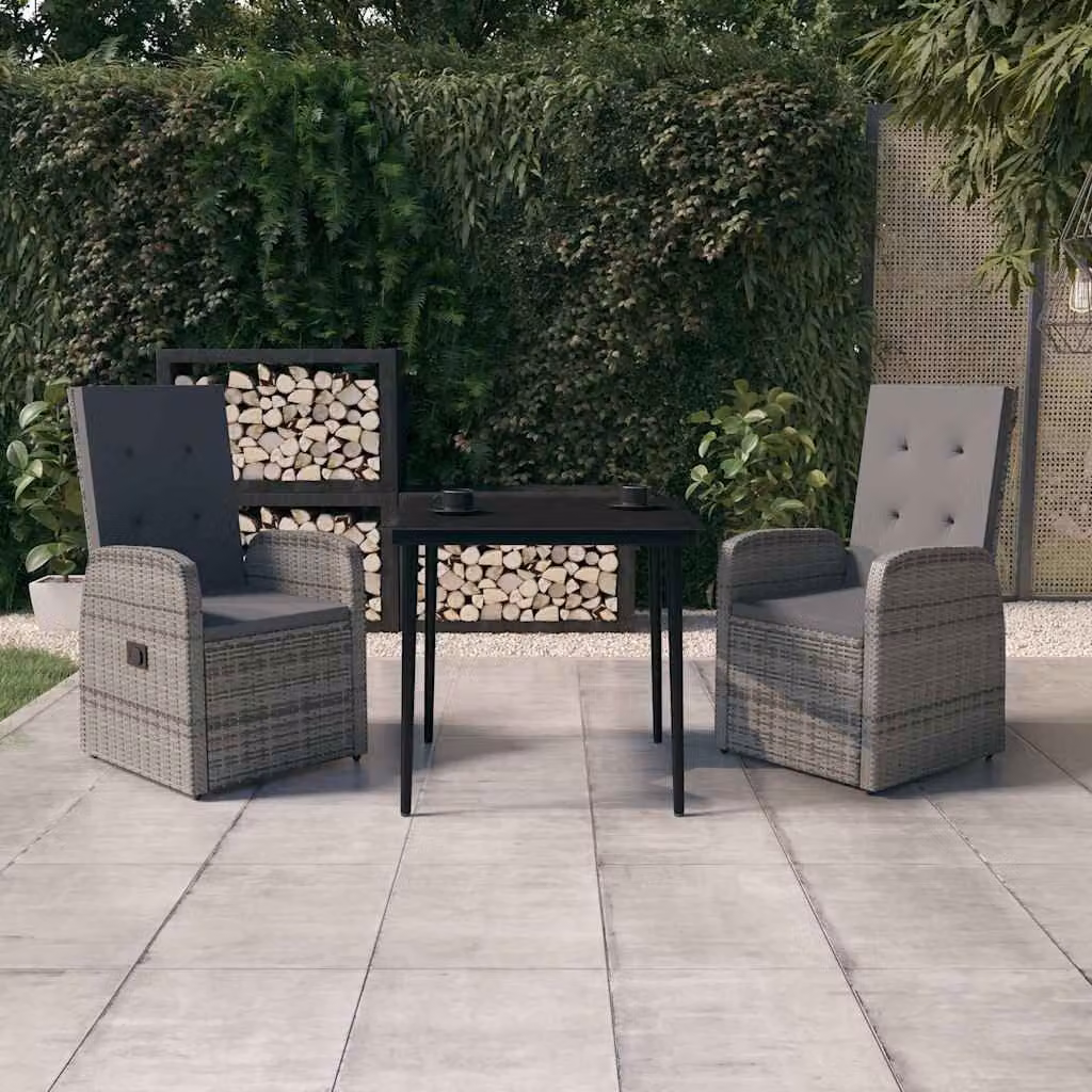 Set da pranzo da giardino vidaXL in polyrattan con tavolo in vetro e cuscini, colore grigio e nero
