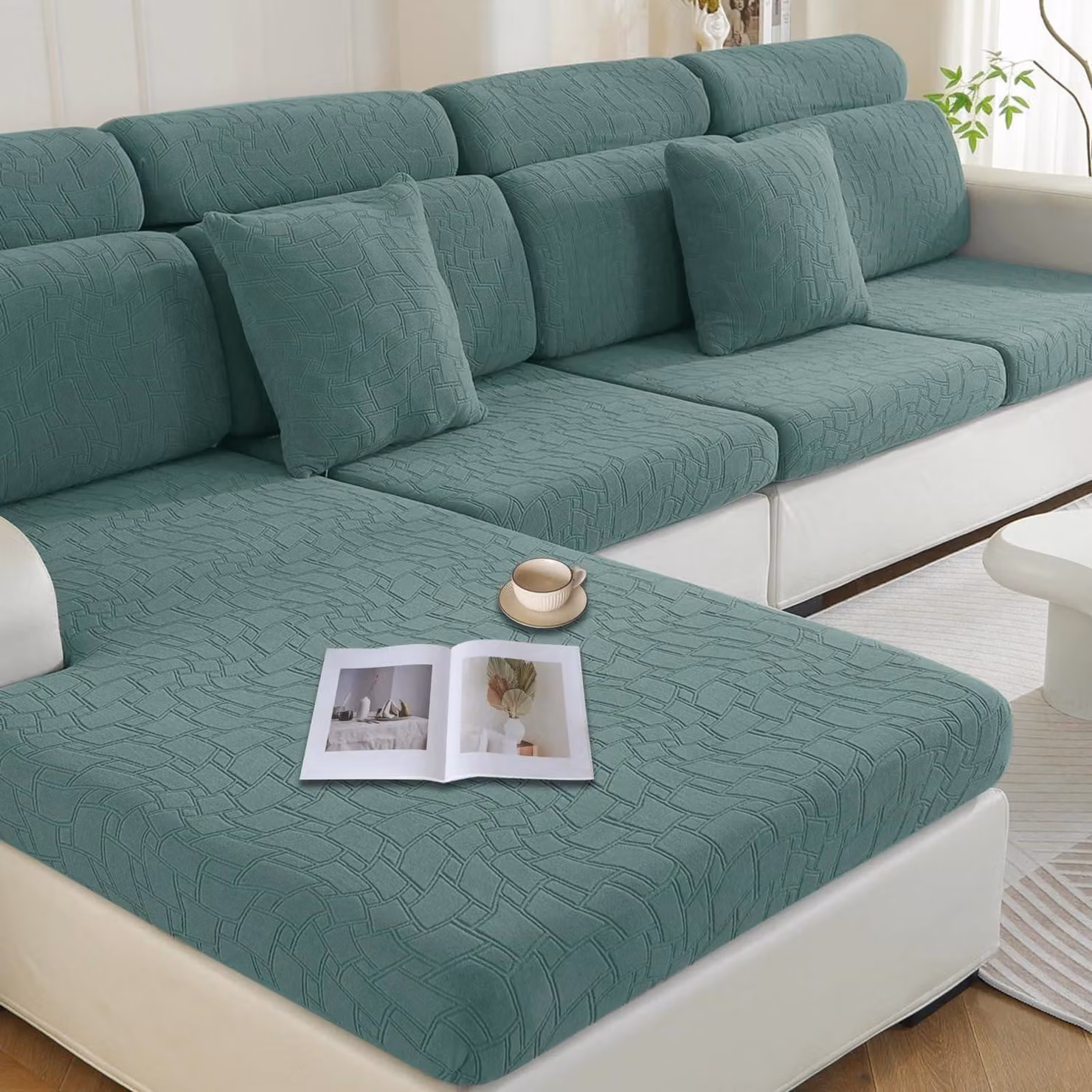 Copertura per cuscino da seduta, elasticizzata, a forma di L, per 1 posto a sedere, 3 posti e chaise longue, colore verde
