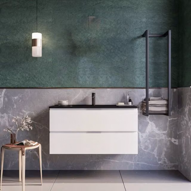 Mobile bagno sospeso 100cm bianco lavabo nero opaco specchio armony, selezione accessori senza specchio