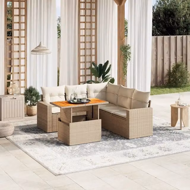 Set Divano da Giardino a L VIDAXL in Polyrattan con Cuscini Beige, 6 Posti