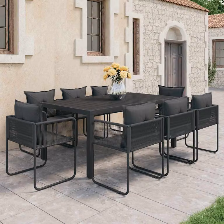 Set da pranzo da giardino vidaXL in polyrattan nero e grigio con 9 pezzi