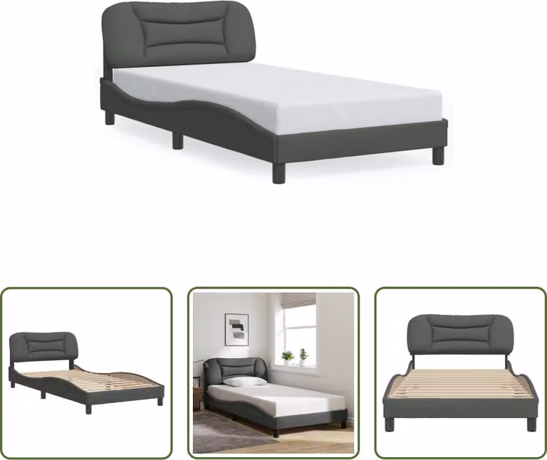 The Living Store Giroletto con testiera in tessuto grigio scuro 100x200 cm