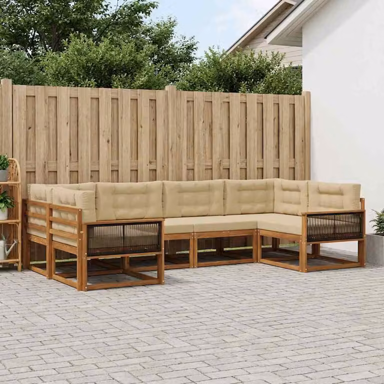 Set di divani da esterno vidaXL a forma di L in legno di acacia con cuscini, 6 pezzi, Beige e Marrone