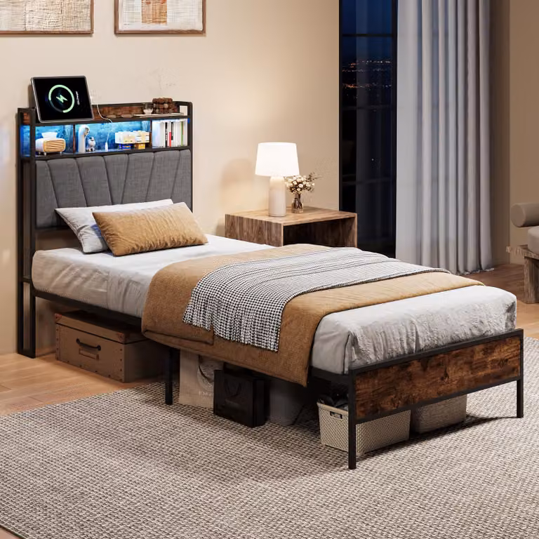 Letto matrimoniale UnboxG 90x200 con testiera contenitore, illuminazione LED e funzione di ricarica USB