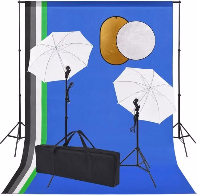 Kit professionale per studio fotografico con luci, 5 fondali in tessuto e riflettore, supporto a treppiede regolabile, colore bianco e nero