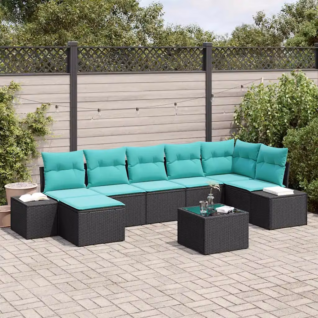 Set Divano da Giardino Moderno vidaXL 8 Pezzi con Poltrone, Ottoman e Tavolino, Struttura in Metallo e Polyrattan Nero con Cuscini in Tessuto Resistente ai Raggi UV