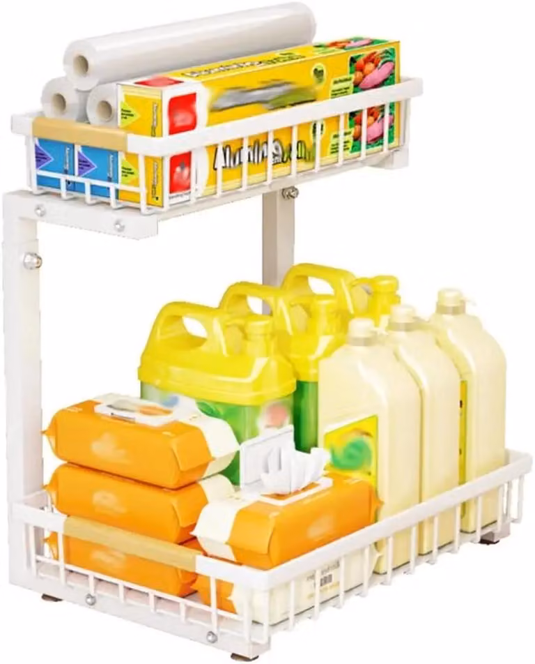 Organizzatore per mobiletti sotto il lavello - Organizzatore estraibile a 2 livelli - Impermeabile - Acciaio - Versatile - Bianco