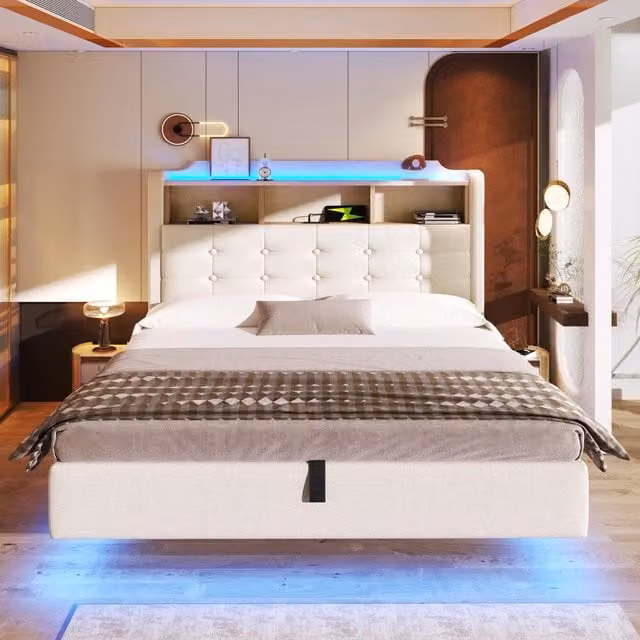 Letto imbottito 140x200 con contenitore idraulico; LED; lino beige e prese USB e Tipo-C