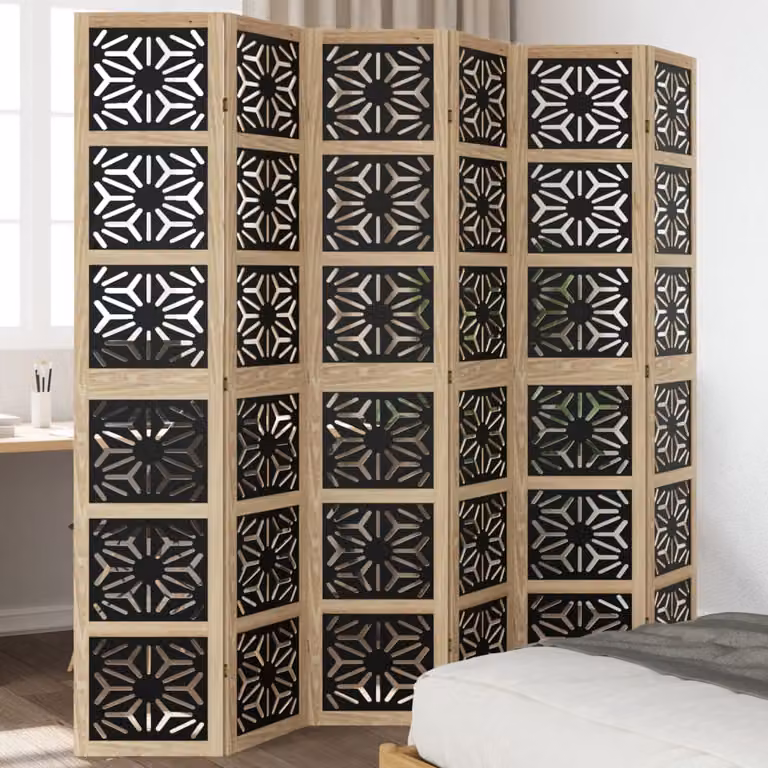 Divisorio Ambienti vidaXL con 6 Pannelli Geometrici in Legno di Paulownia e Metallo, Marrone e Nero, H: 200 cm x L: 215 cm