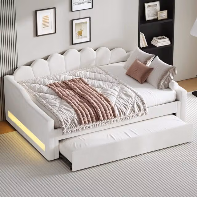 Letto da giorno ULEVR 140x200 cm con letto estraibile e LED laterali a 7 colori, rivestimento beige