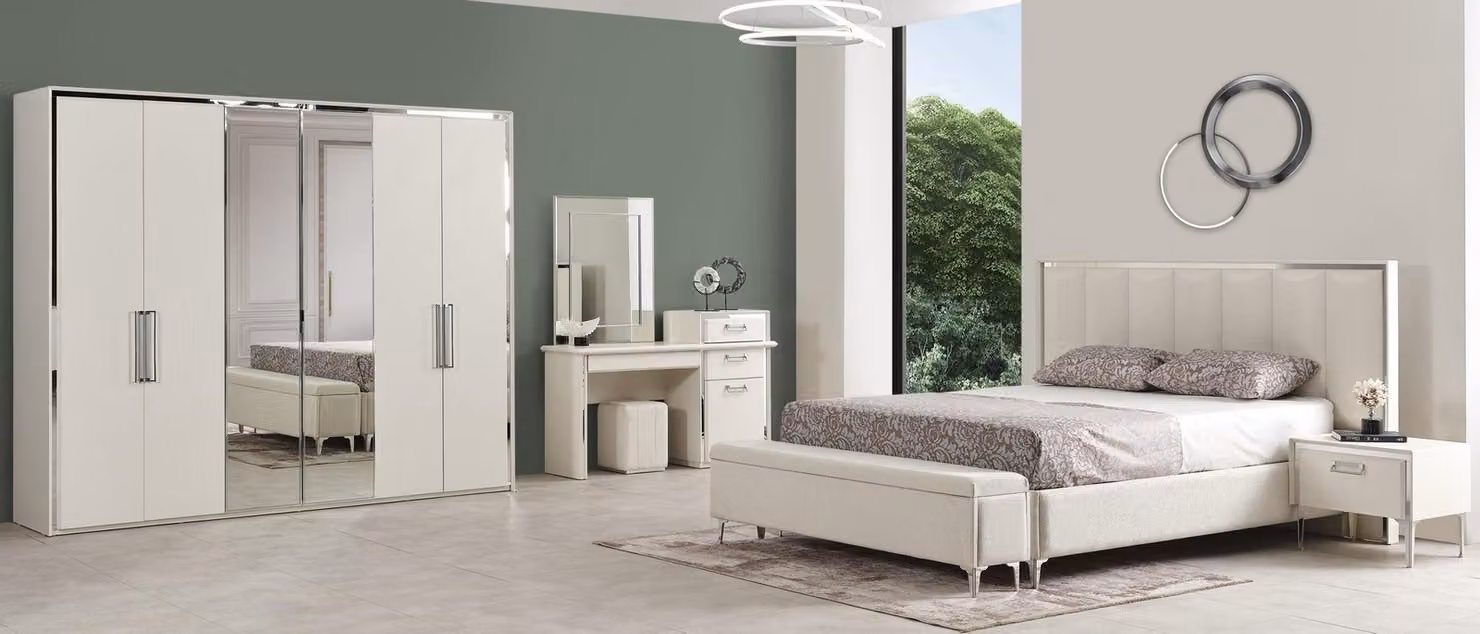 Set di mobili da camera da letto bianchi: letto con struttura e testiera, armadio, comò da trucco