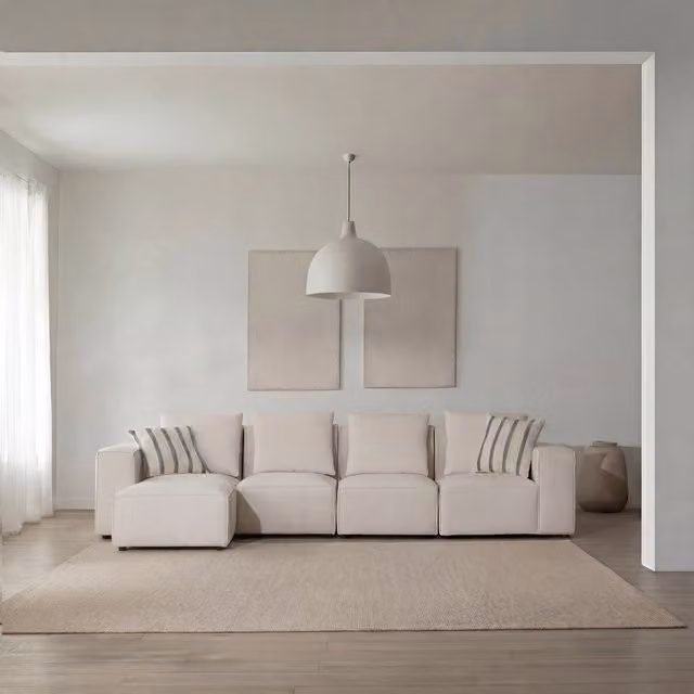 Divano modulare Banak da 5 posti con pouf incluso, colore beige, stile minimalista in tessuto