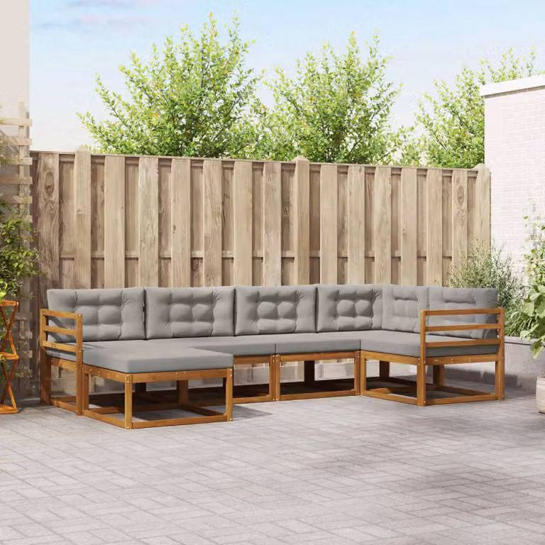 Set di divani da esterno vidaXL a forma di L composto da 6 pezzi in legno di acacia con cuscini beige e grigi