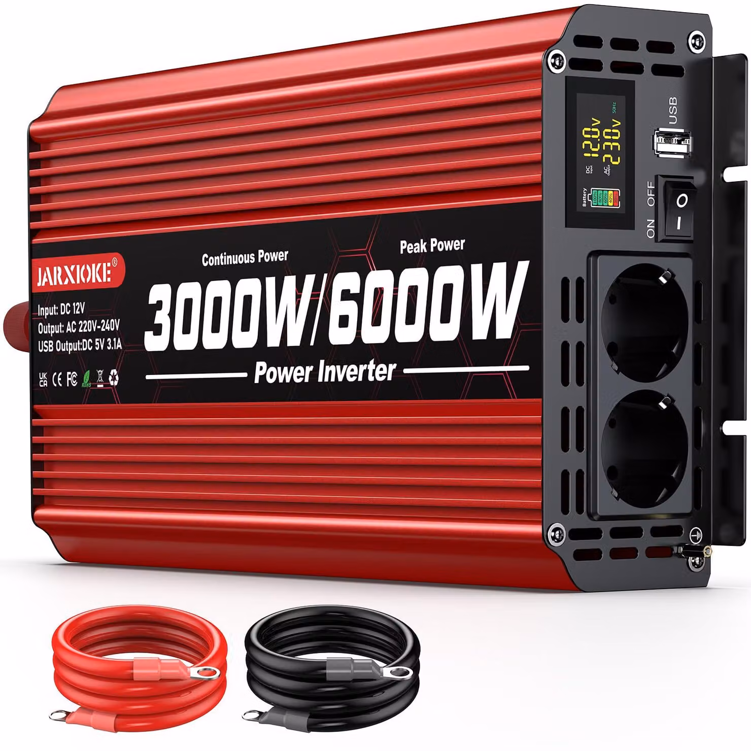 Convertitore di tensione da 12 Volt a 230 Volt, 3000 W, colore rosso, per auto, camper e camion