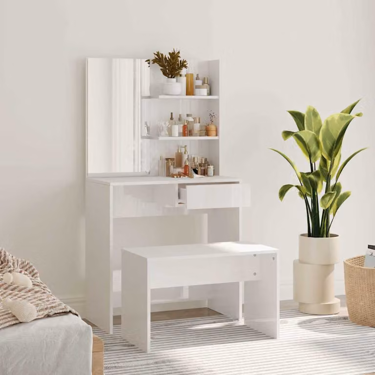 vidaXL Set Tavolo da Toeletta Bianco Lucido L: 74,5 cm, P: 40 cm, H: 141 cm