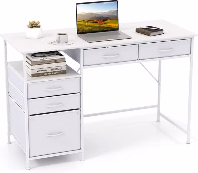 Scrivania moderna per computer e studio con mensola, tavolo da ufficio in MDF laminato bianco, L: 120 cm, P: 50 cm, H: 45 cm