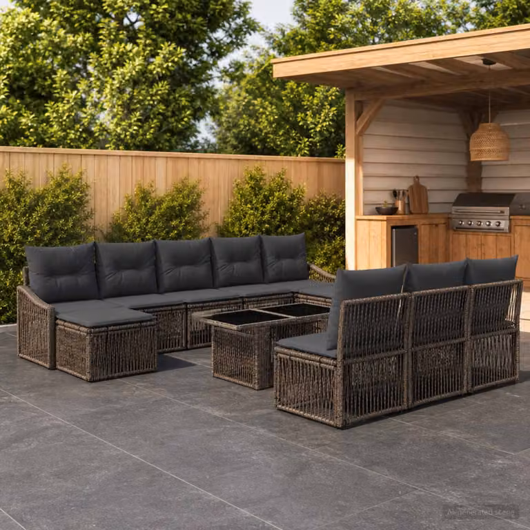 Set Divano da Giardino vidaXL 11 Pezzi in Polyrattan Grigio e Antracite con Cuscini e Tavolino in Vetro