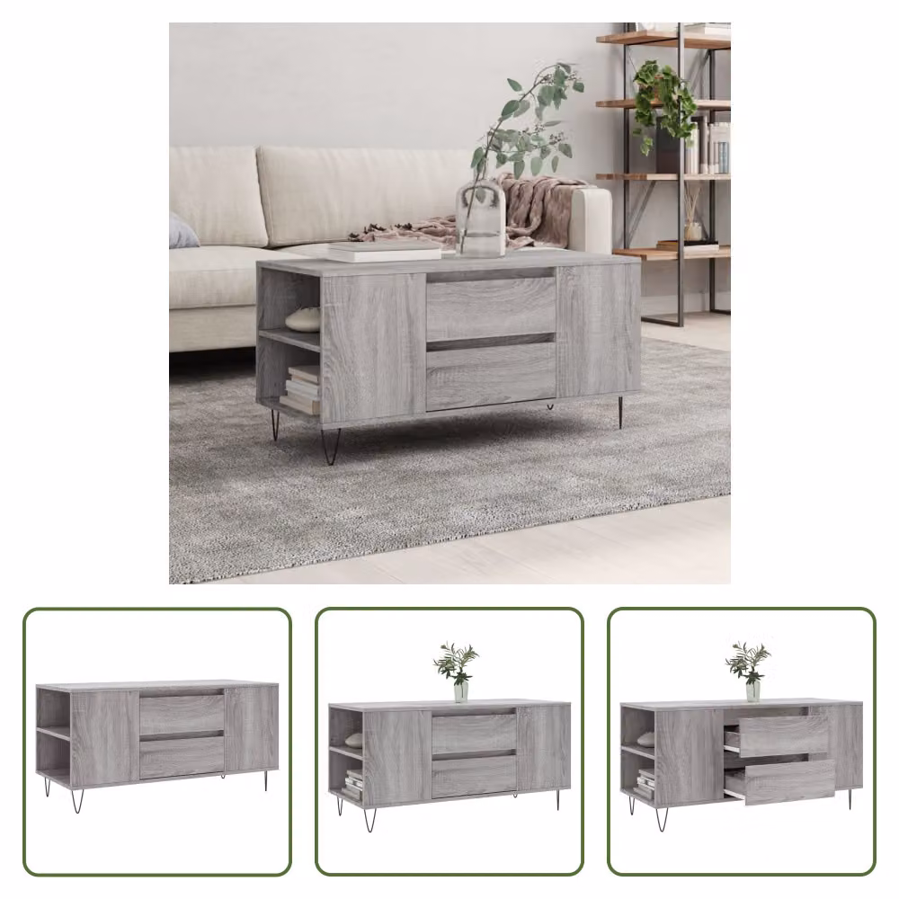 The Living Store Tavolino Grey Sonoma 102x44,5x50 cm Materiale a base di legno