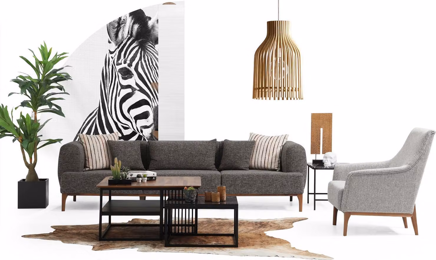 Sofagarnitur Dreisitzer Sitzer Modern Sessel Stoff Grau Wohnzimmer Set