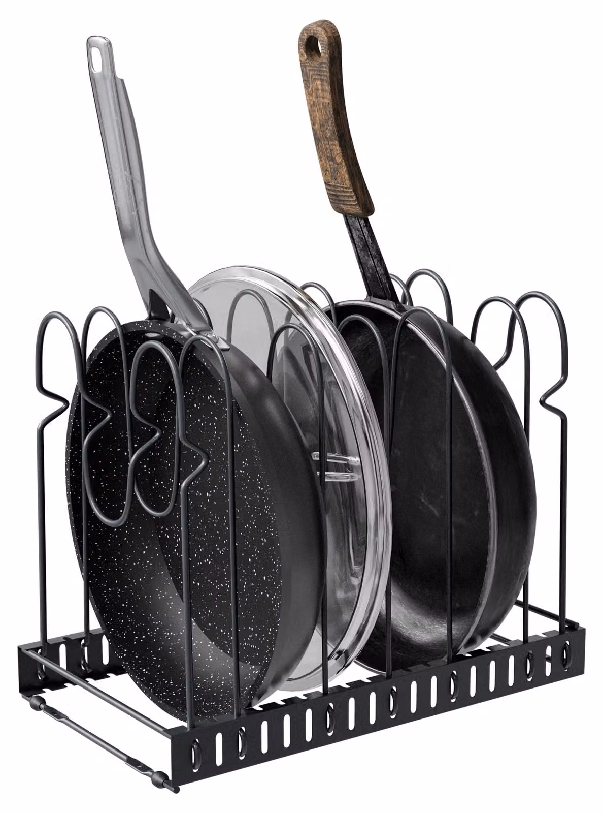 Amig - Organizer per pentole - Estensibile con 6-10 scomparti - Acciaio nero - Contenitore per la cucina, ideale per coperchi e pentole - Dimensioni: 20 x 24 x 30-57 cm
