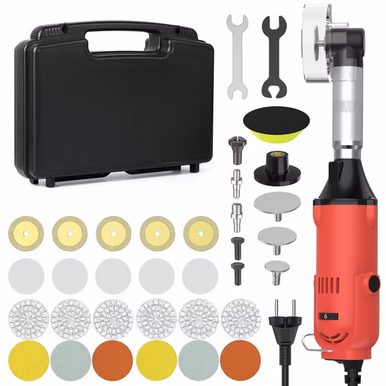 Smerigliatrice angolare elettrica per piastrelle in Vetroceramica - 90° - 6 velocità regolabili - Sistema di pulizia - Funzioni di smerigliatura e lucidatura - Contenitore in plastica