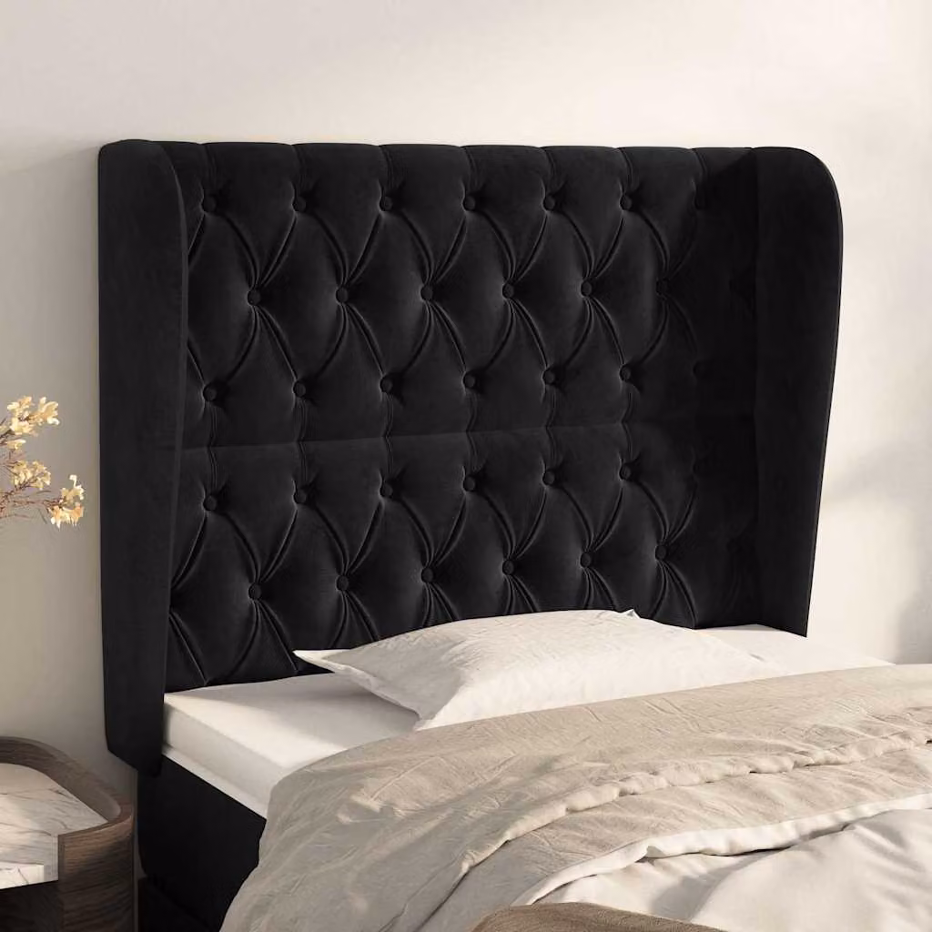 Testiera ad orecchio vidaXL in velluto nero con struttura in legno L: 93 cm, P: 23 cm, H: 118-128 cm