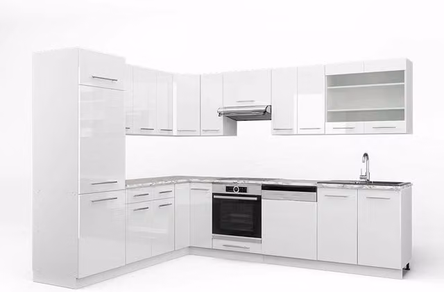 Cucina angolare completa Fame-Line Bianco lucido/Bianco 287 x 227 cm, PL Marmo Vicco