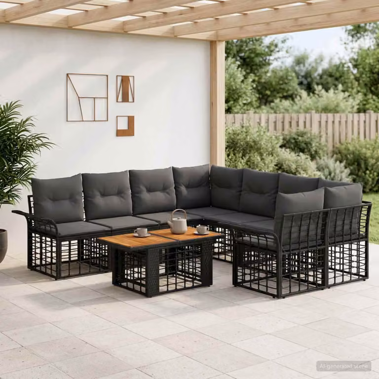 Set Divano da Giardino vidaXL 9 pz in Polyrattan con Cuscini e Tavolino, Forma a L, Nero e Grigio