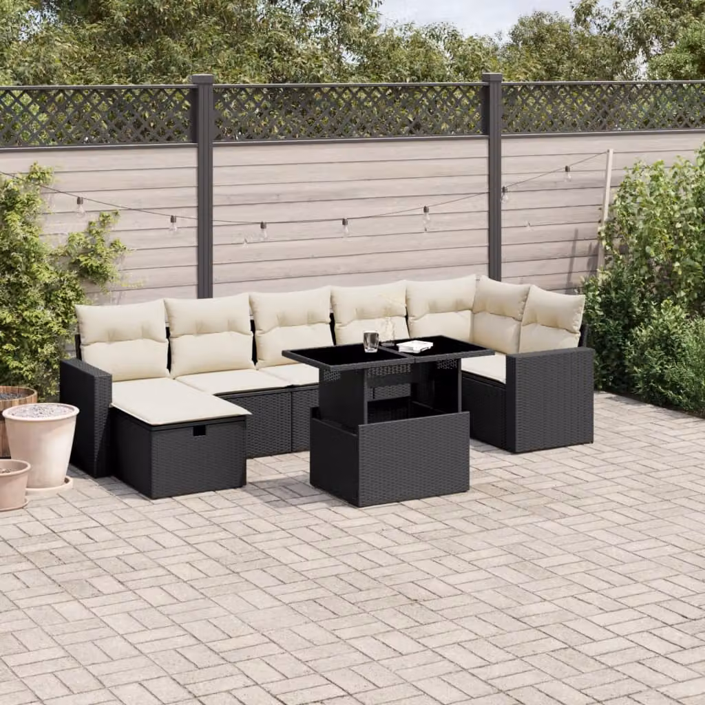 Set di divani da giardino a L vidaXL in polyrattan nero con 8 pezzi e cuscini inclusi – 1