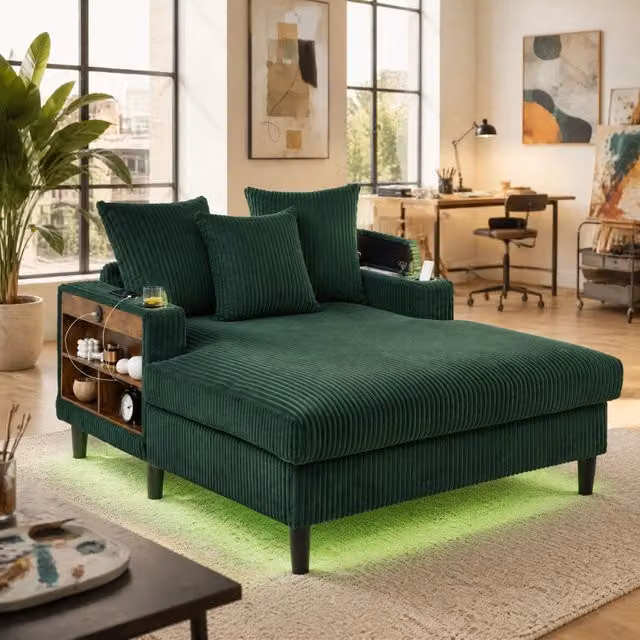 Chaiselongue multifunzione in corduroy con LED; porta bicchieri; USB e contenitore; verde smeraldo