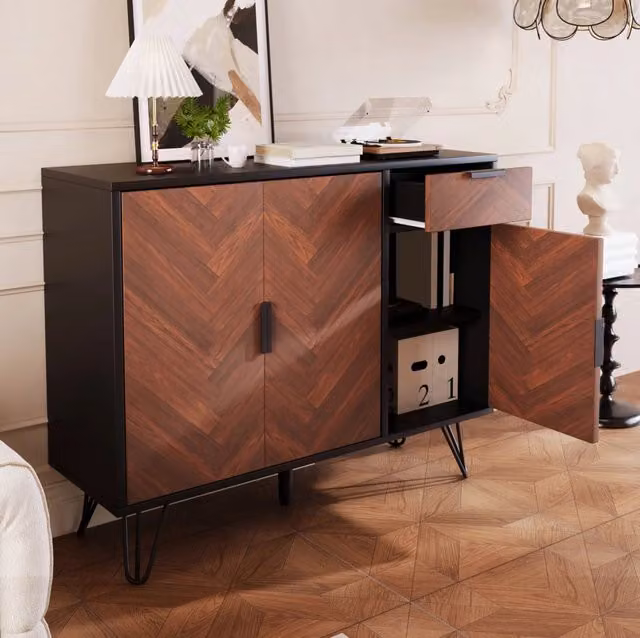 Credenza ULEVR 90x30x71,5 cm con 3 ante, cassetto e ripiani regolabili, nero e effetto legno