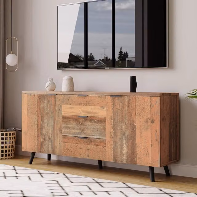 Mobile porta TV OKWISH in legno marrone vintage con 3 cassetti e ripiani regolabili, L: 140 cm, P: 35 cm, H: 70 cm