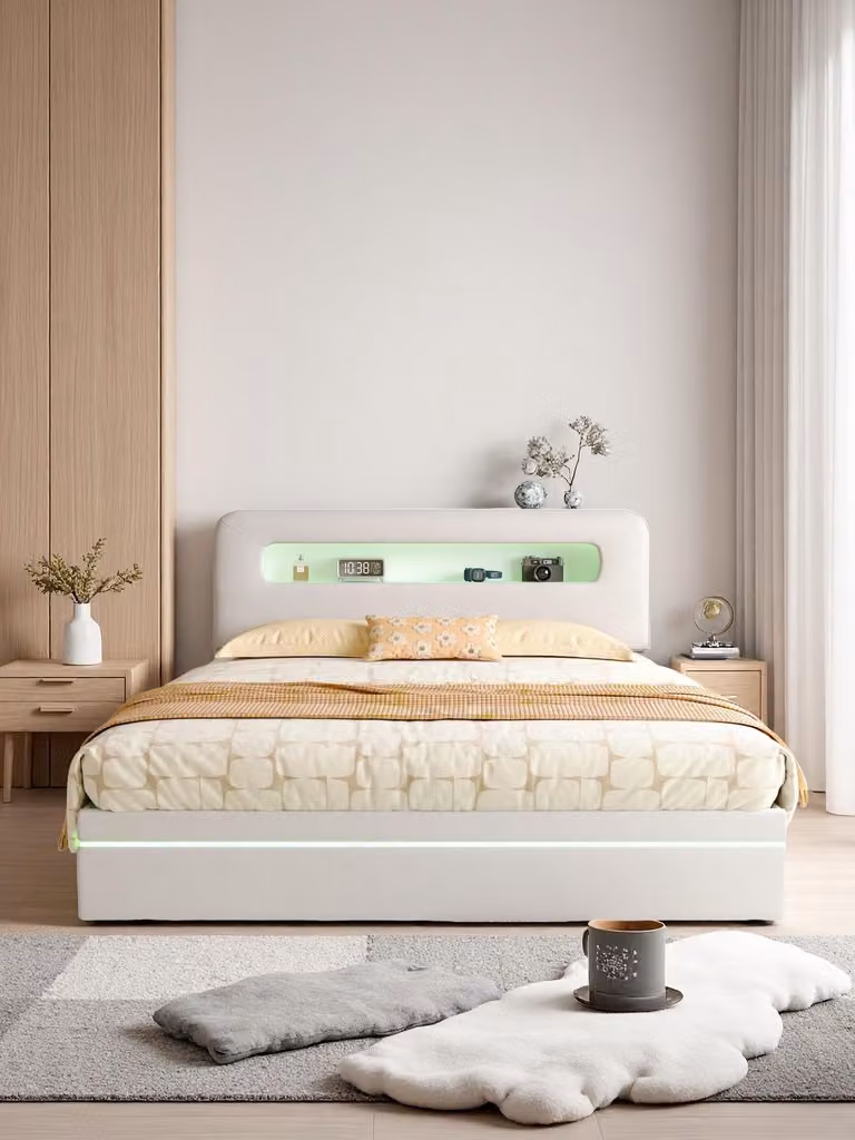Letto idraulico ProximaX 140x200 cm, illuminazione a LED, contenitore e mensola sulla testata, comodo per dormire, camera da letto, velluto beige