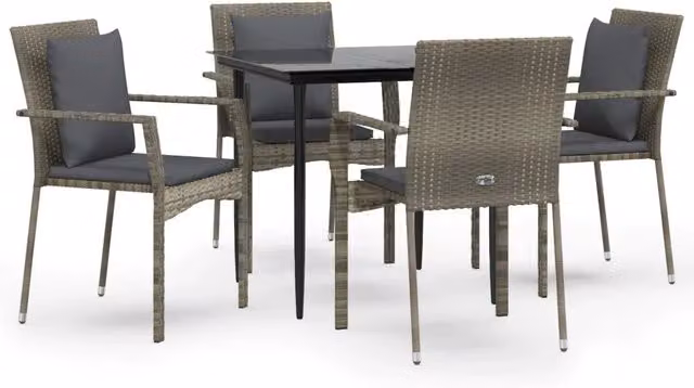 Set da Pranzo da Giardino 5 Pezzi in Polyrattan con Tavolo in Vetro Nero e Grigio