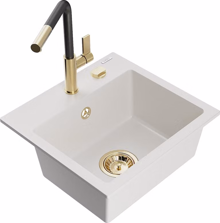 Mexen Milo lavello in granito a 1 vasca con rubinetto da cucina Flora, bianco - 6505-20-670401-57-G