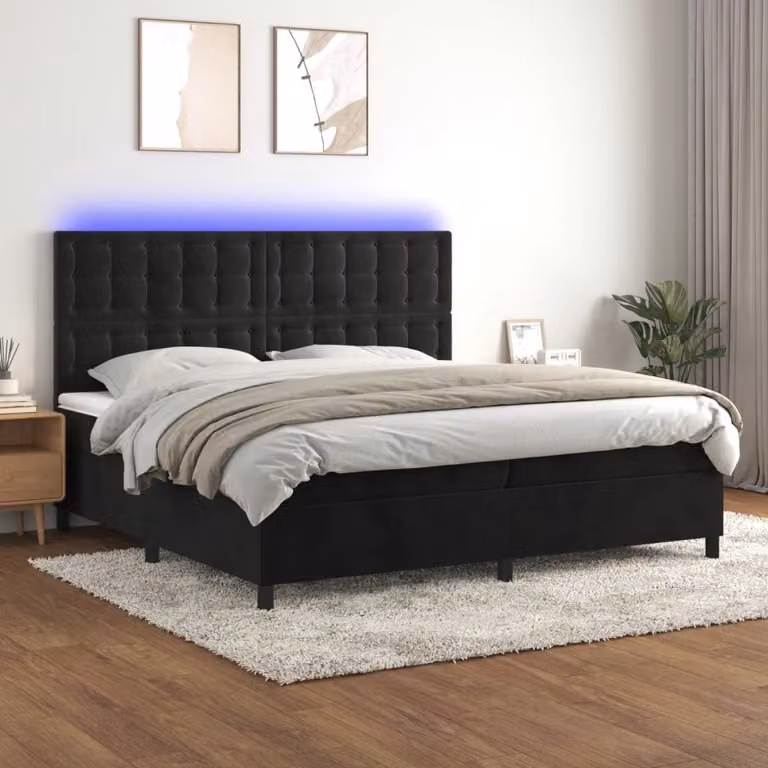 The Living Store Letto a molle con materasso e LED nero 200x200 cm in velluto