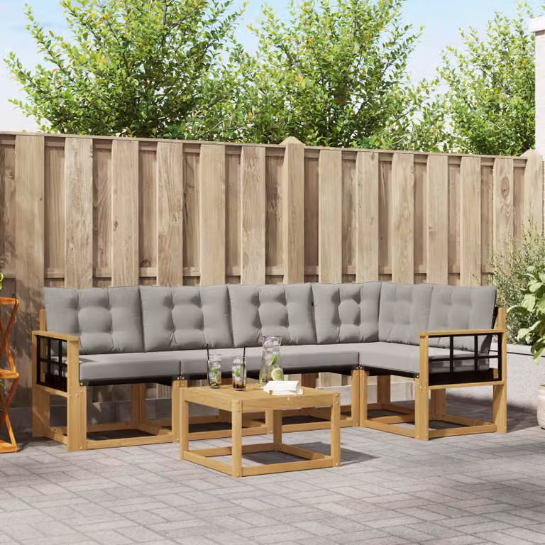 Set di divani da esterno vidaXL a forma di L composto da 6 pezzi con tavolo da caffè, struttura in legno di acacia trattato, cuscini inclusi e rivestimento in tessuto resistente ai raggi UV, colori bianco, grigio e marrone