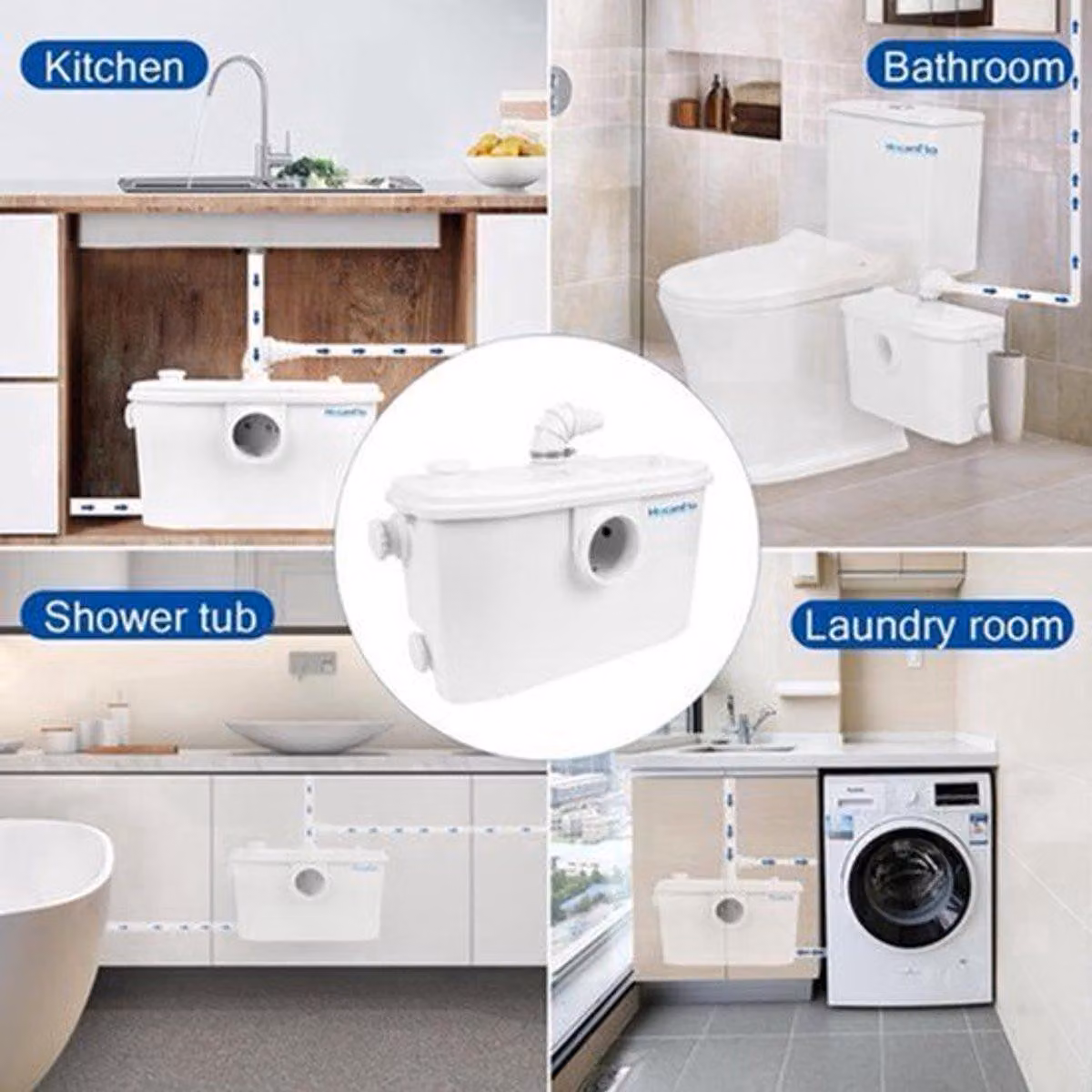 Pompa per acque reflue con motore da 750W - pompa per acque di scarico per bagno e cucina - portata elevata di 190 litri al minuto - 4 ingressi