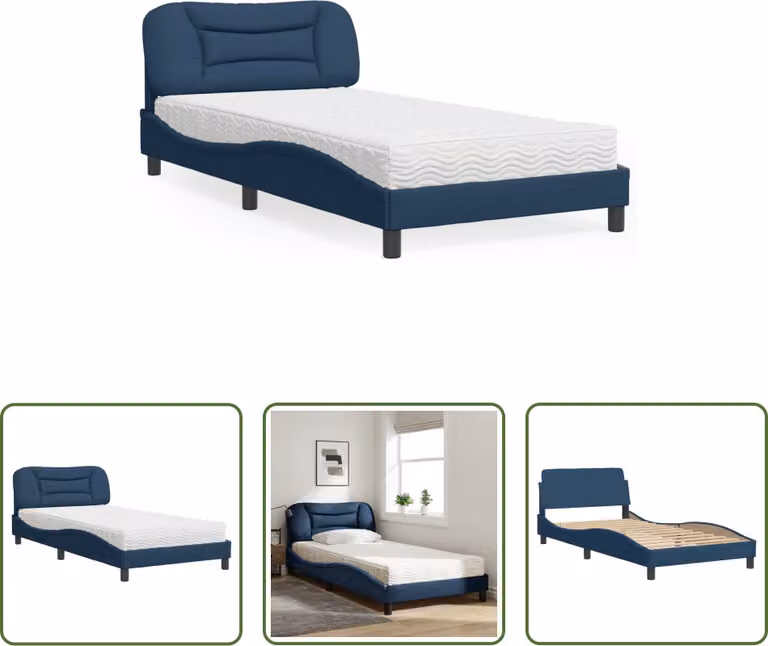 The Living Store Letto con materasso blu 100x200 cm in tessuto