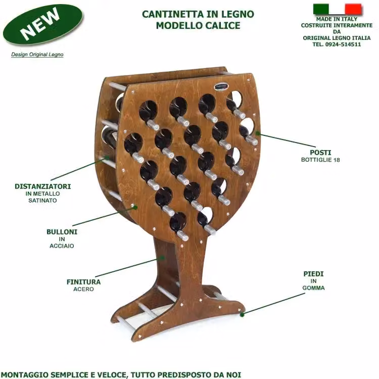 Cantinetta porta bottiglie vino modello Calice Original Legno Italia in legno di betulla finitura noce, capacità 18 bottiglie, L: 75 cm, P: 25 cm, H: 120 cm – 2