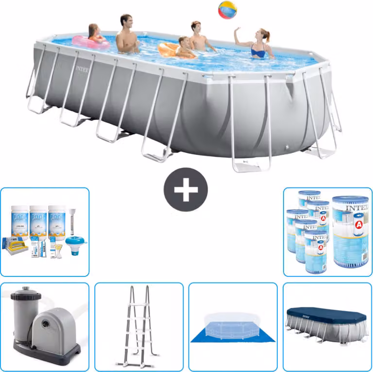Piscina Intex Oval Prism Frame - 610 x 305 x 122 cm - Grigio - inclusa pompa - scaletta - telo di fondo - pacchetto di manutenzione della copertura - filtro