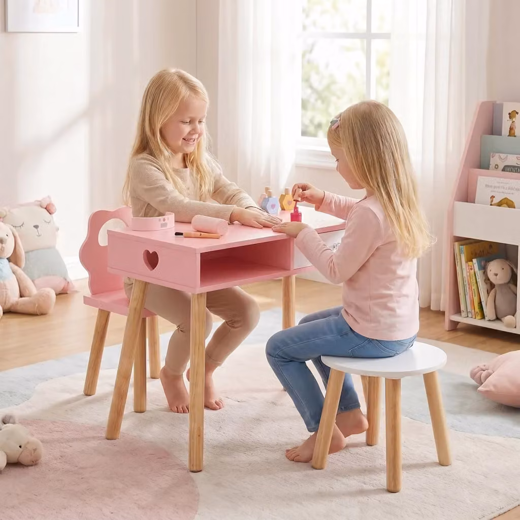 Set 2 in 1 tavolo manicure e scrivania per bambini con 2 sedie, mobile in legno e MDF con cassetto e scomparto, colore rosa e bianco – 2