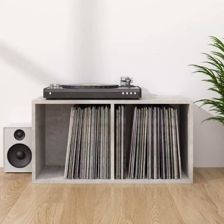 Contenitore per dischi in vinile con 2 scomparti, colore grigio cemento, dimensioni 71x34x36 cm