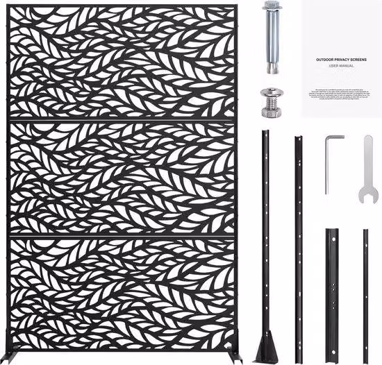 Pannello divisorio esterno in metallo, 119,4 cm di larghezza x 183,9 cm di altezza, realizzato in acciaio a griglia per uso esterno, con sistema di supporto, recinzione decorativa in acciaio divisa in 3 sezioni, colore nero