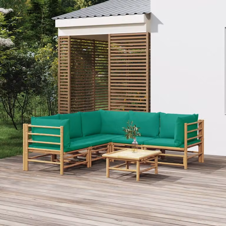 Set Salotto da Giardino vidaXL 6 Pezzi in Bambù con Cuscini Verdi e Marroni