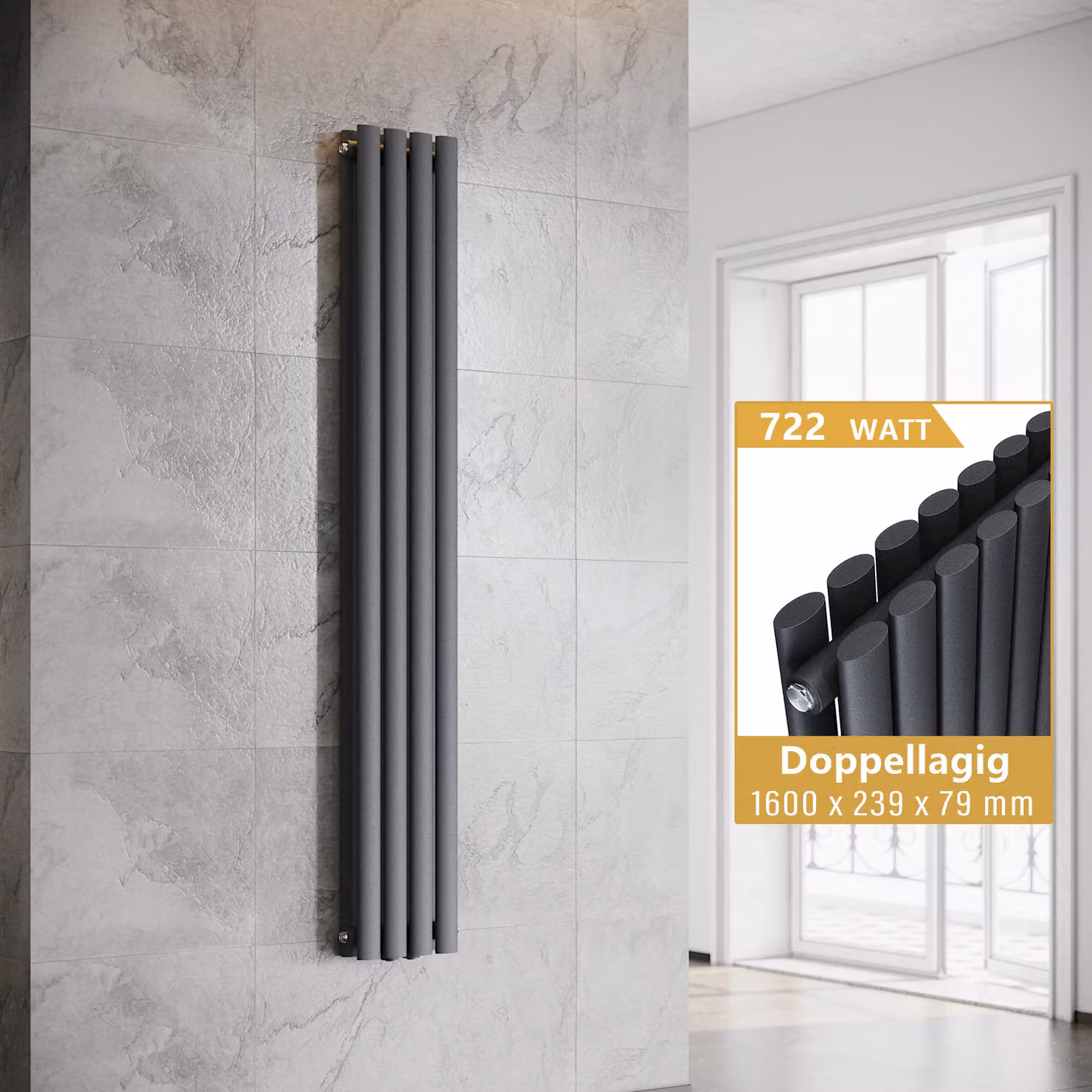 SONNI Radiatore a piastre verticali, radiatore a tubi a doppio strato, colore antracite, dimensioni 1600x239 mm, senza resistenza riscaldante
